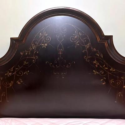 Black Lacquer And Mahogany Headboard W/ Painted Gold Accents