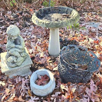 5 Pc Garden Statuary, Bird Bath, Metal Pot