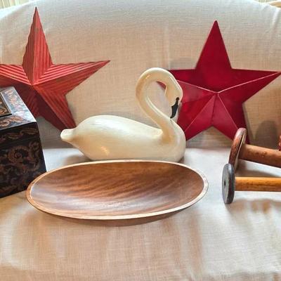 Americana Decor: Wood Swan, Dough Bowl, Metal Stars