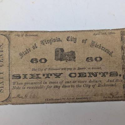 1862 Confederate City Of Richmond Sixty Cents Note