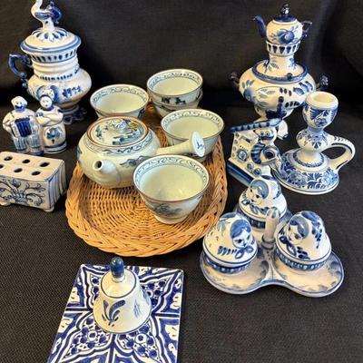 Decorative Blue/White Asian Style Decor-Tea Sets, Trivet, Bell