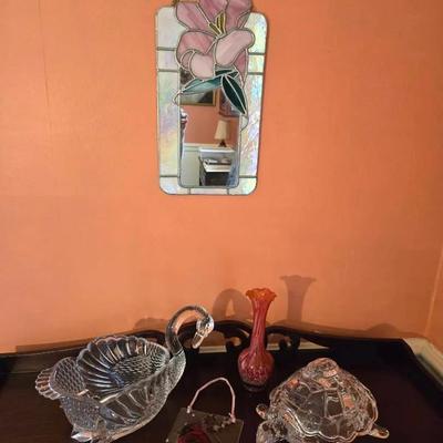 Glass Turtle & Swan, Stained Glass Mirror, Artful Vase