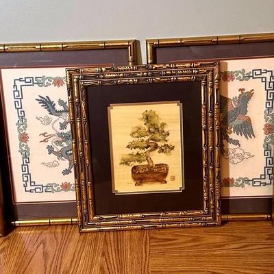 5 Gold Bamboo Framed Asian Art Pieces