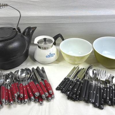 Cast Iron Tea Pot, Vintage Pyrex, Stainless Flatware
