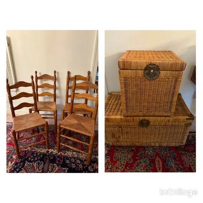 Four Ladder Back Rush Seat Dining Chairs & 2 Wicker Trunks