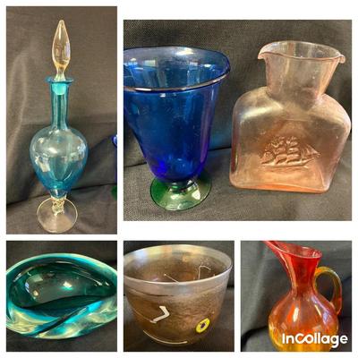 Group Of Colored Glass Vases, Bowls, Jug