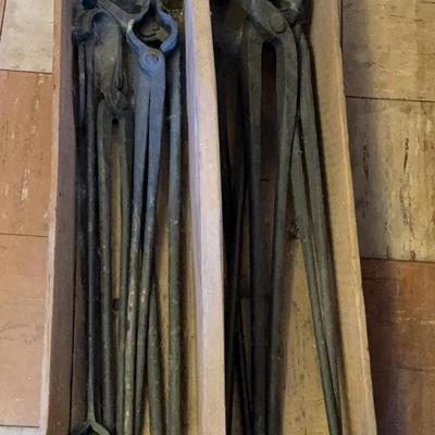 Wooden Carpenters Box With Cast-Iron Tools