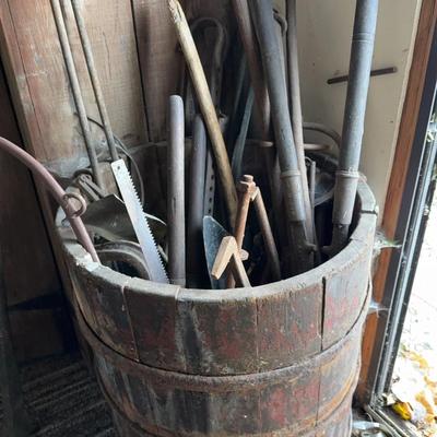Antique Wooden Bucket, Full Of Tools