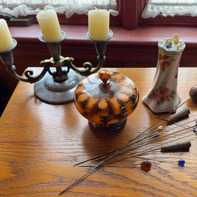 Candle Holder, Hat, Pins, Glass Dish With Lid