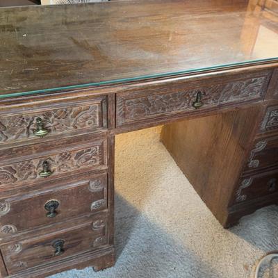 Antique Wooden Desk With Glass On Top