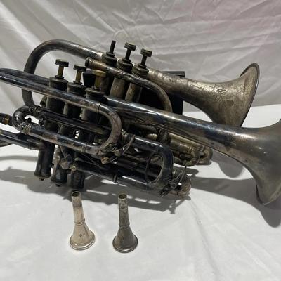 Silver Plated Cornets Vintage Antique Engraved Plus Two Mouthpieces 