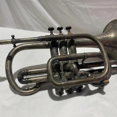 Antique Silver Plated Made In France Cornet W/ Mouthpiece Detailed Engravings Including Awards Won 