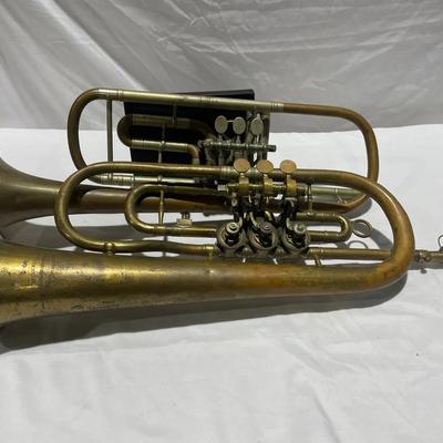 Antique Vintage Brass Rotary Trumpets German And Stolkholm Engraved With One Mouthpiece 