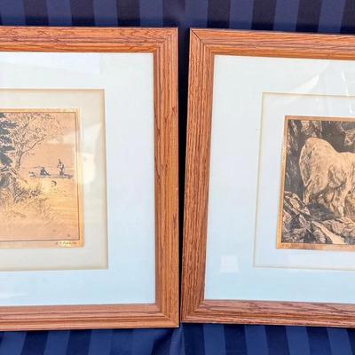 Pair of Framed Vintage Western Wildlife Art Prints – Elk & Mountain Sheep Scenes, Matching Wood Fram
