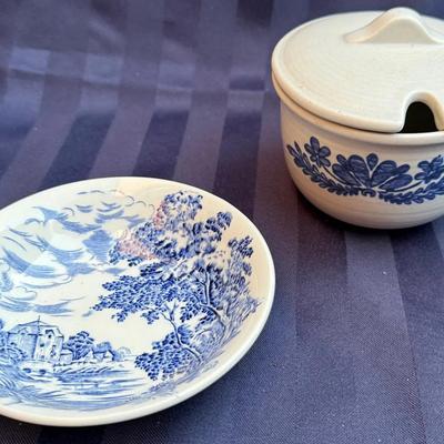 Wedgwood “Countryside” England Blue Transferware Sugar Bowl with Lid & Saucer