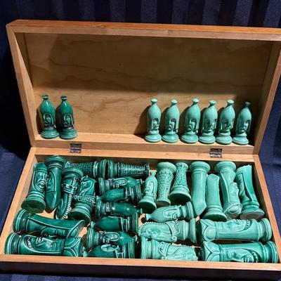 Green Stone Chess Set with Carved Faces & Wooden Storage Box