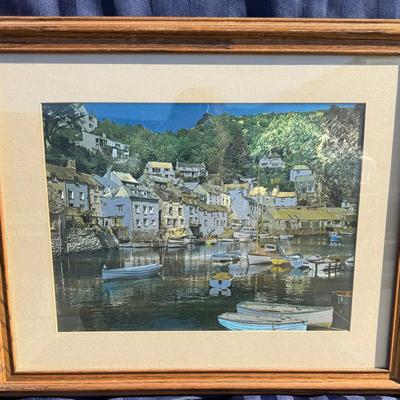 Framed Coastal Harbor Village Print – Boats & Waterfront Cottages – Wooden Frame