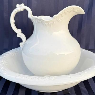 Vintage White Ironstone Wash Pitcher & Bowl Set – Victorian Style