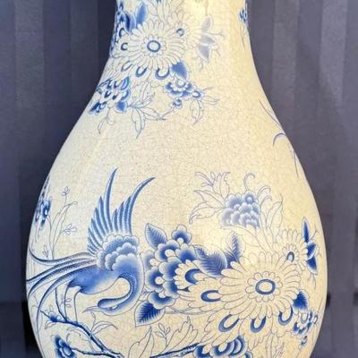 Vintage Blue & White Crackle Glaze Porcelain Vase with Bird & Floral Motif