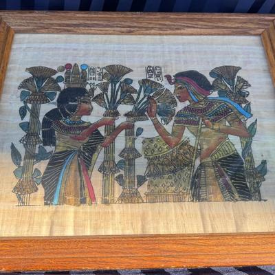 Framed Egyptian Papyrus-Style Art Print – Ancient Egypt Figures & Hieroglyphs, Wood Frame