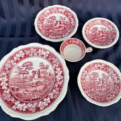 Antique Copeland Spode “Tower” Red Transferware Partial Tea & Table Set – England