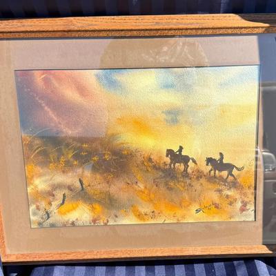 Signed Western Watercolor Painting – Riders on Horseback Landscape – Framed Art