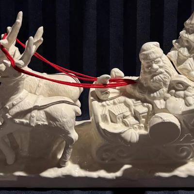 White Ceramic Santa Claus Sleigh with Reindeer Figurine – Christmas Décor 