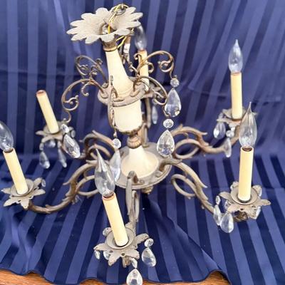 Vintage 5-Light Metal Chandelier with Crystal Prisms – French / Cottage Style
