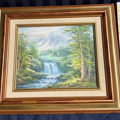 Framed Landscape Painting with Waterfall & Mountain Scene – Gold Wood Frame