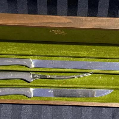 Vintage 3-Piece Stainless Steel Carving Knife Set in Wooden Presentation Box – Includes Fork