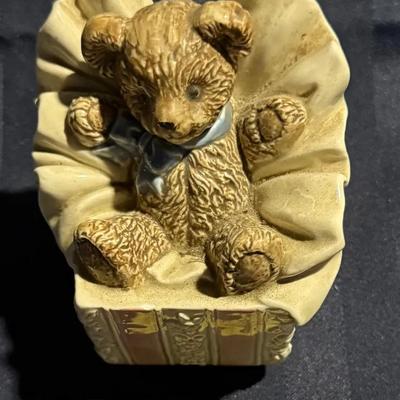 Vintage Teddy Bear Ceramic Figurine in Basket / Cradle – Hand-Painted, Approx. 4–5″ 
