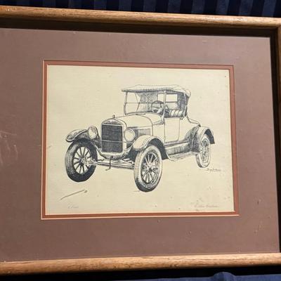 Framed Vintage Automobile Illustration Print – Early 1900s Classic Car