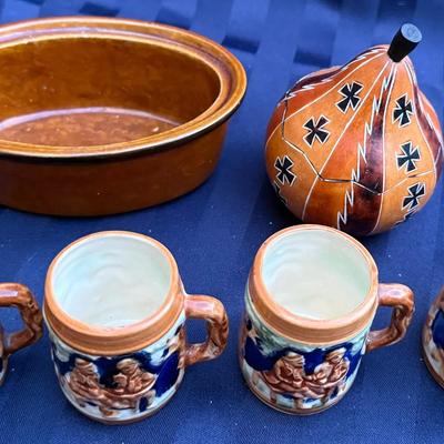 Vintage Rustic Pottery Lot – 4 Figural Mugs, Glazed Bowl, Covered Jar & Oval Platter