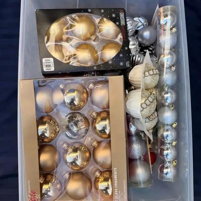 Large Christmas Ornament Lot in Storage Tote – Glass & Shatterproof – Red, Gold, Silver, Green