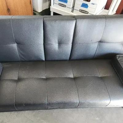 Folds Flat Black Faux Leather Futon Small Couch - Middle Cupholders & Arm Rests
