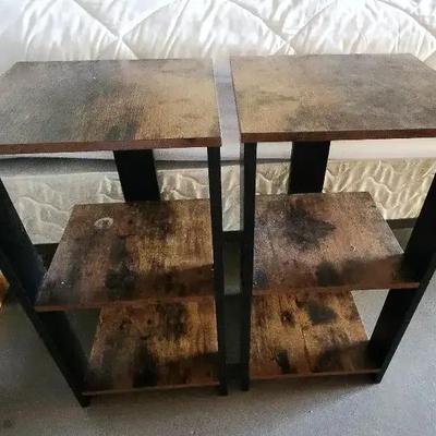 Pair Of Matching Dark Grained Wood Side Tables - 2 Shelves For Storage 