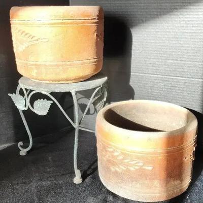 Thick Terra Cotta Planters With (1) Metal Stand, 10" Dia Pots, Ornate Clay Design