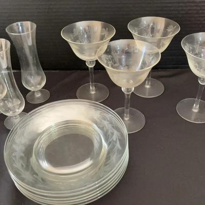 Floral Etched Crystal Goblets (4) & Plates (6) + Hourglass Champagne Flutes (3) 