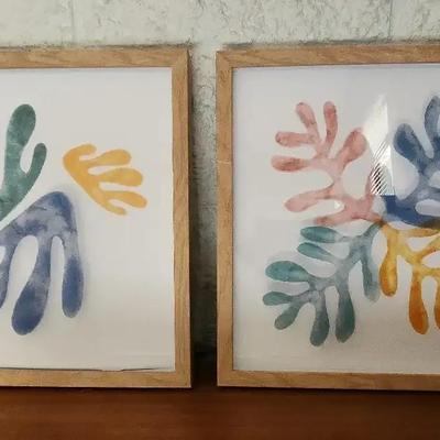 Unique Multimedia Wall Art Pair Of Prints, Colorful Leaf Shapes, 17" Square