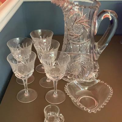 Crystal Pitcher, Glasses And Misc Items