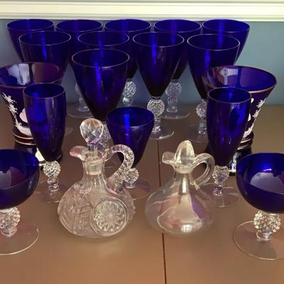 Vintage Mary Gregory Cobalt Blue Mini Vases, Blue Water Goblets/misc Glasses, Oil & Vinegar Pitchers