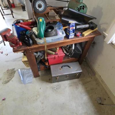 Tool Bench With Grinder Vise And Various Tools