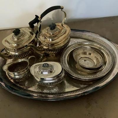 Silver Platter, Tea Pots And Accessories