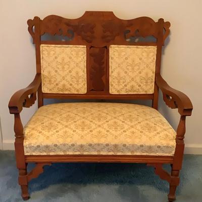 Antique Victorian Eastlake Tiger Oak Carved Floral Upholstery Settee Loveseat