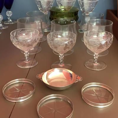 Glasses, Coasters, Cartier Sterling Dish, Vintage Indiana Glass Candy Dish