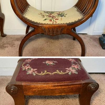 Edwardian Floral Needlepoint X-Frame Stool & Vintage Footstool
