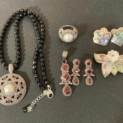 Sterling Silver Garnet, Marcassite, And Mother Of Pearl Sets