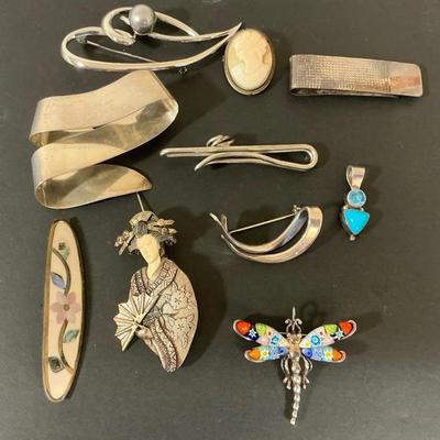 Sterling Silver, Pins, Brooches, Pendants, Money Clip And Cameo