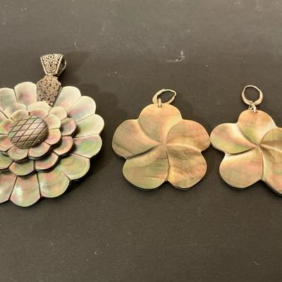Carved Mother Of Pearl Pendant And Earrings 