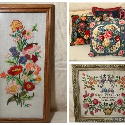 Needlepoint Pillows & Framed Crewel & Embroidery